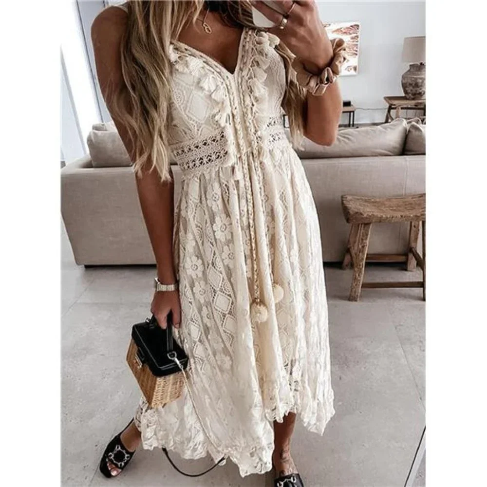 CUPSHE Women's Dresses Slip Boho Maxi Dress Lace Up Tassel V-Neck Flare Ruffle B - Picture 4 of 7